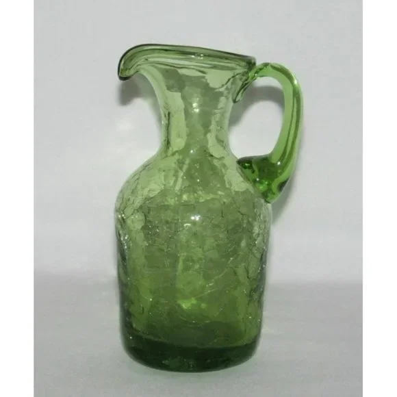 Elegant Glass CRACKLE Olive Green Slender Miniature Pitcher - Picture 1 of 4